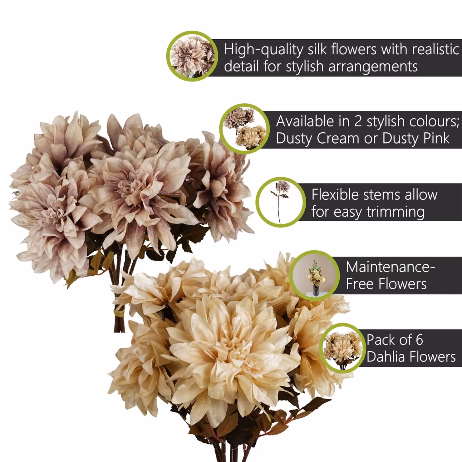 Pegdev Pack of 6 Artificial Dahlia Silk Flower Stems in Dusty Pink, Height: 55 cm – 2