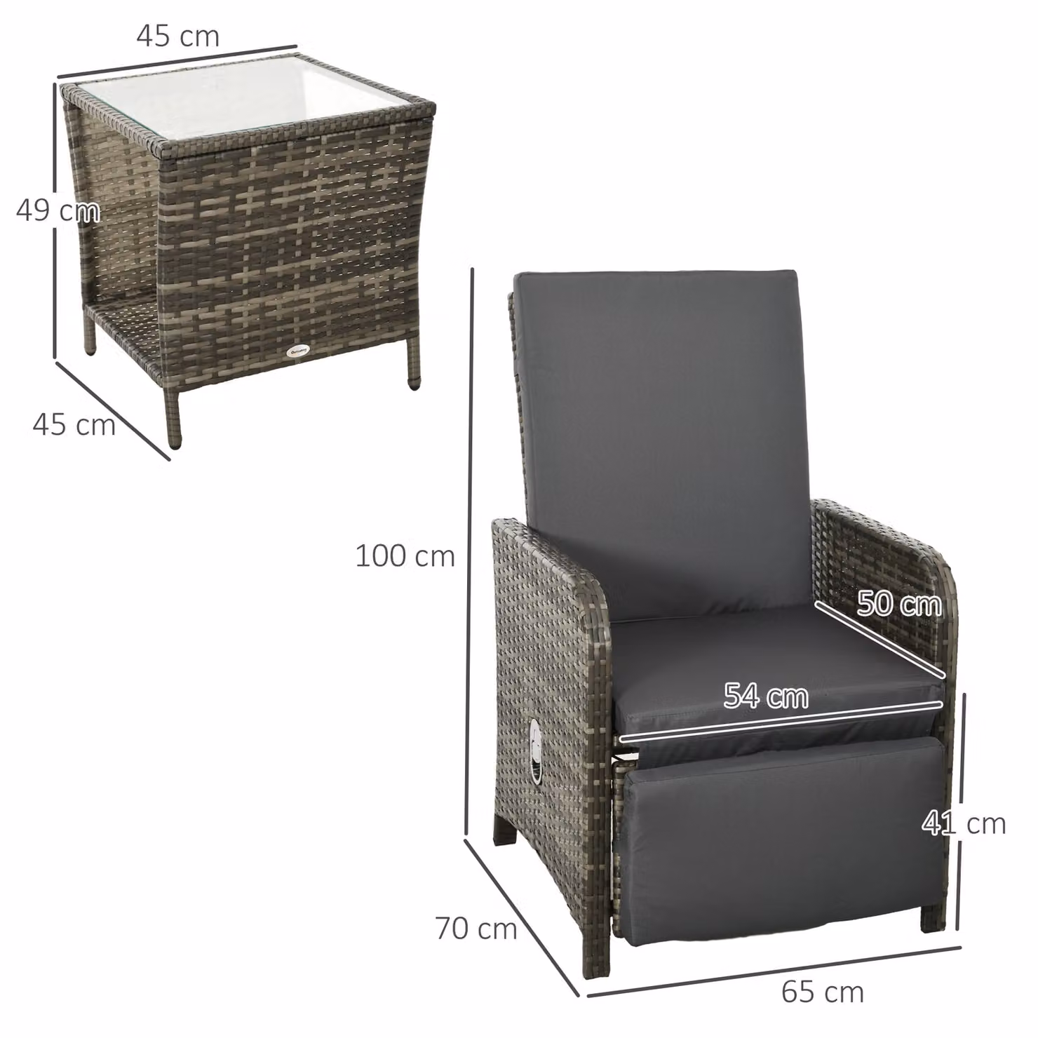 Outsunny 3 Piece Rattan Bistro Set with Cushions and Storage Function in Mix-Grey – 3
