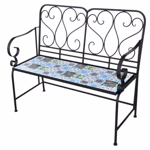 SHATCHI Lisbon 2 Seater Mosaic Garden Bench with Metal Frame and Glossy Geometric Ceramic Tile Seat, W: 112 cm, H: 96 cm, D: 47 cm