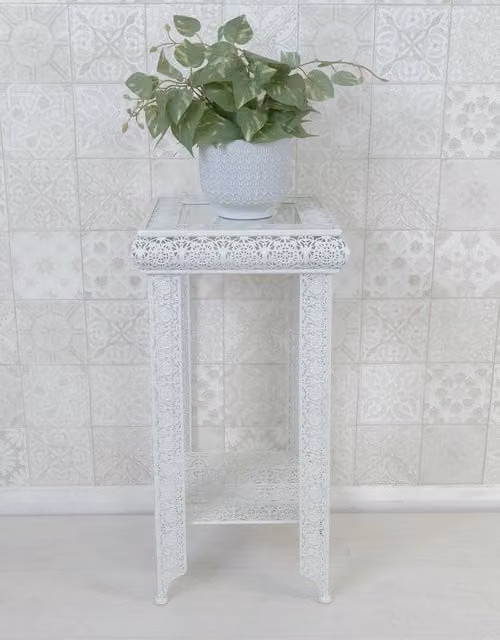 Downton Interiors Agadir White Embossed Metal and Mirrored Glass Square Side Table with Shelf