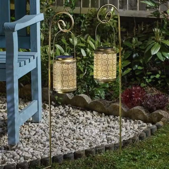 Garden Mile Set of 2 Moroccan Silhouette Solar Lantern Stake Lights in Gold/Brass with Warm White LED