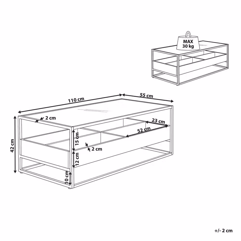 Wyld and Coco Rectangular Coffee Table with Black Tempered Glass Top and Dark Brown Metal Frame, W: 110 cm, D: 55 cm, H: 42 cm – 3