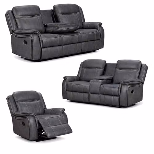 Furnishings For Less UK Tara 3 Piece Reclining Sofa Suite in Grey Leather Look Fabric with Cup Holders, including 3 Seater Sofa, 2 Seater Sofa and Armchair – 1
