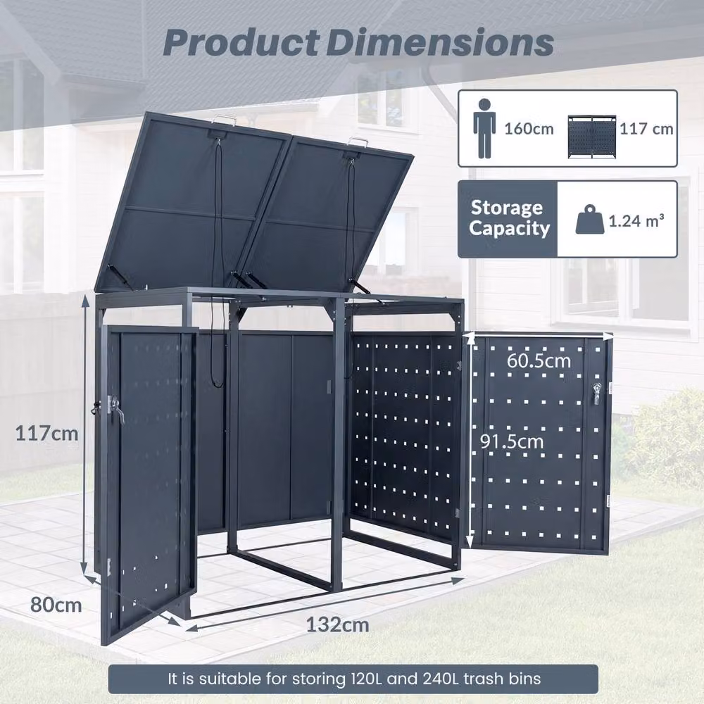 Costway Outdoor Metal Garbage Bin Storage Shed for 2 Trash Cans in Grey – 2