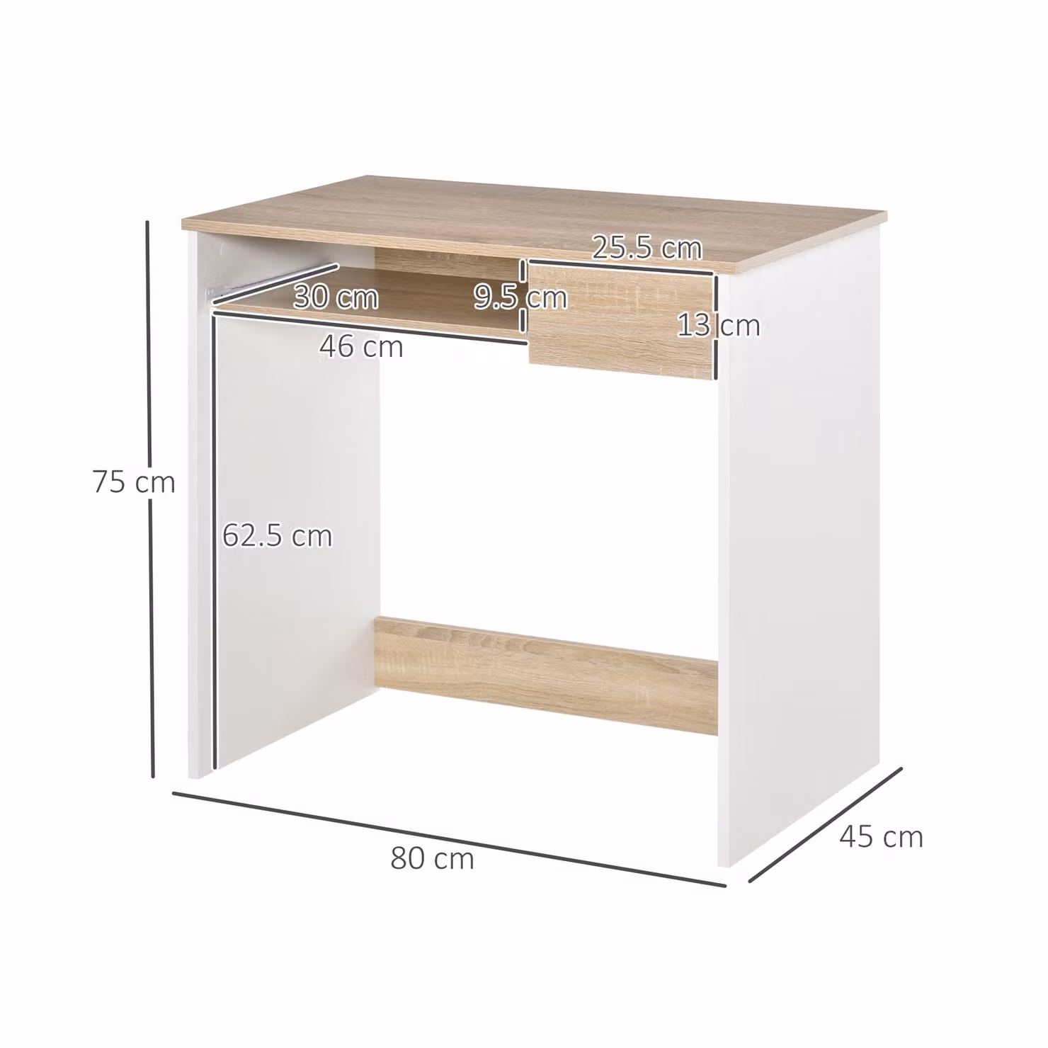 HOMCOM Compact Computer Table with Keyboard Tray and Drawer in Oak Colour – 3