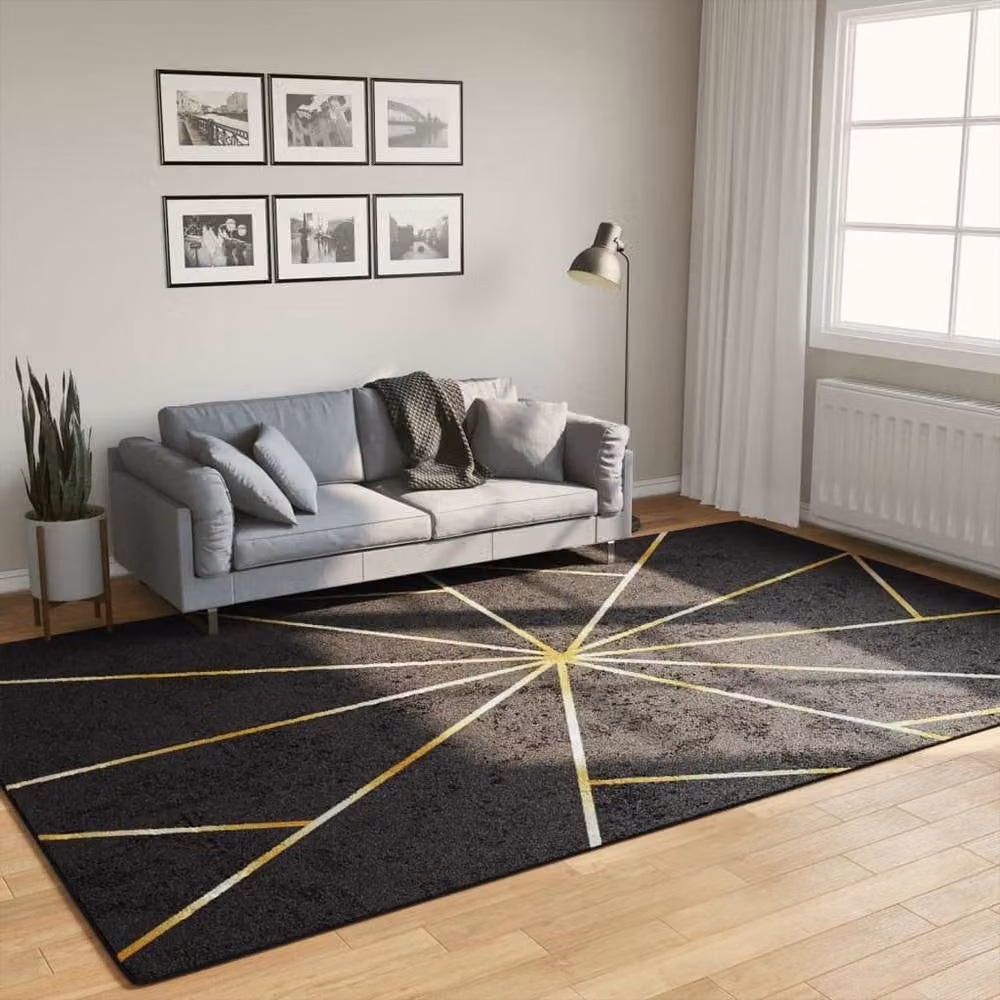 Berkfield Home Washable Geometric Round Anti Slip Rug in Black and Gold, Diameter: 100 cm – 1