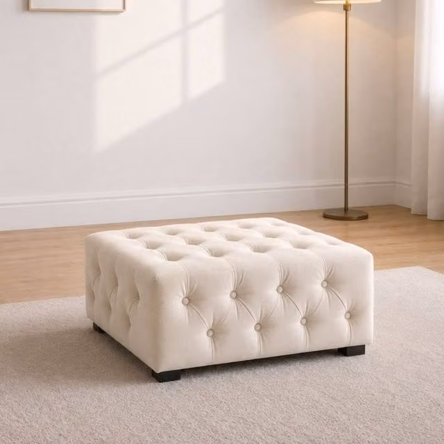 Sofaya Hampton Chesterfield Velvet Foot Stool and Coffee Table in Beige, W/D/H: 60 x 60 x 32 cm – 1