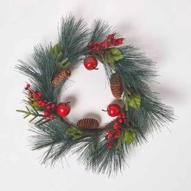 Homescapes Red Apple and Berries Christmas Wreath in Green and Red