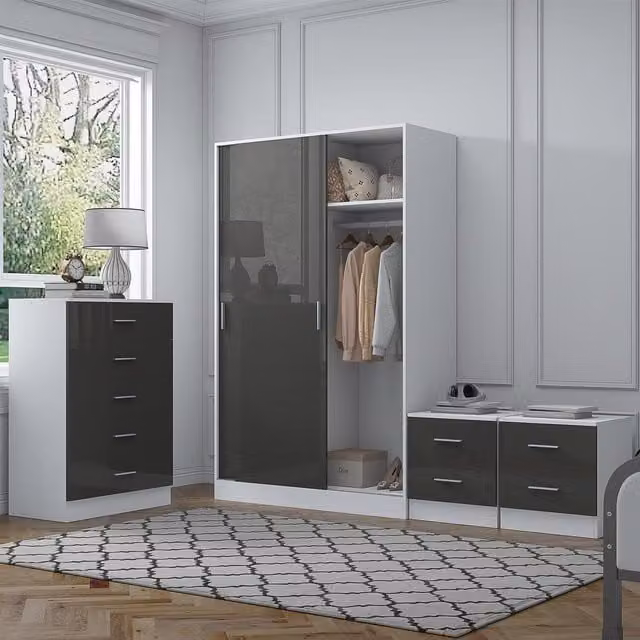 REFLECT Bedroom Furniture Bundle with Sliding Wardrobe, Tall Chest and 2x Bedsides in Grey Gloss and Matt White