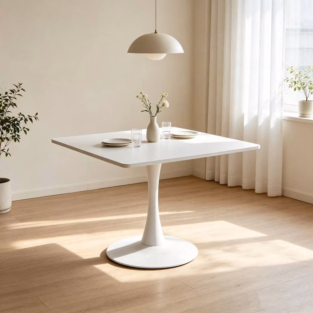 KORVIXA Modern White Square Dining Table with Metal Pedestal Base, W/D: 100 x 100 cm – 1