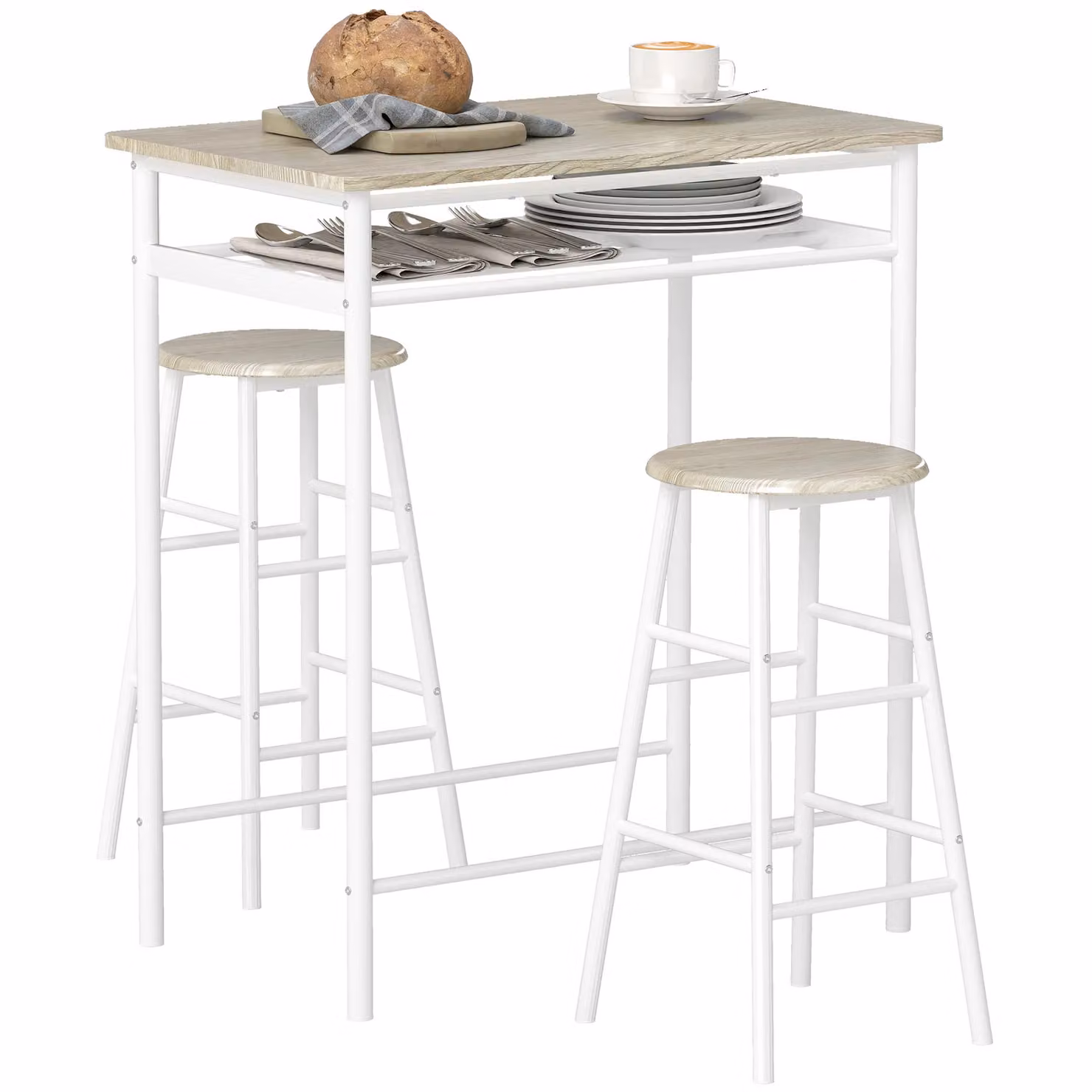HOMCOM 3-Piece Modern Dining Set with Rectangular Drop Leaf Table and 2 Chairs in White and Multicolour – 2