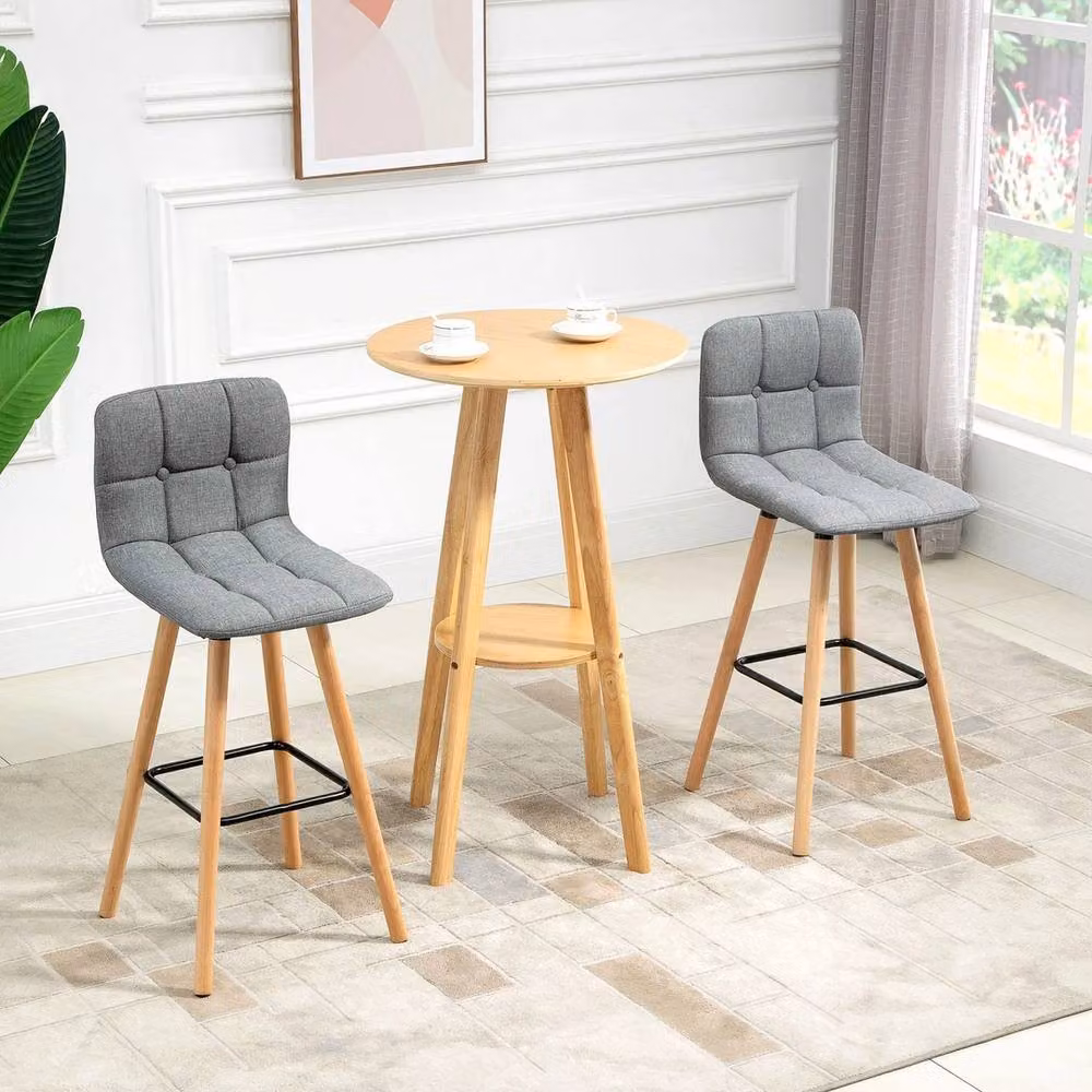 VOGREX Set of 2 Grey Button Tufted Armless Counter Bar Stools with Fabric and Wood Construction – 2