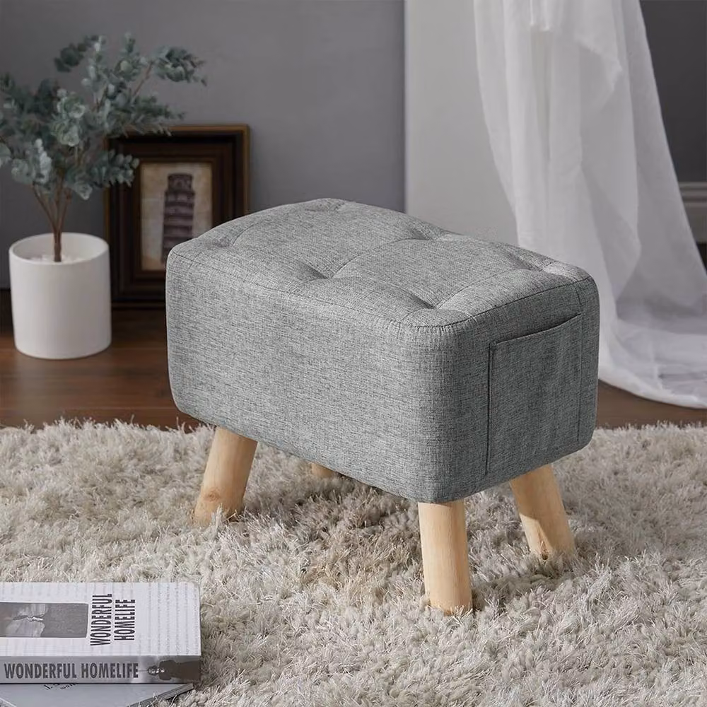 Kelvenix Grey Linen Tufted Footstool Pouffe with Oak Wood Frame – 3