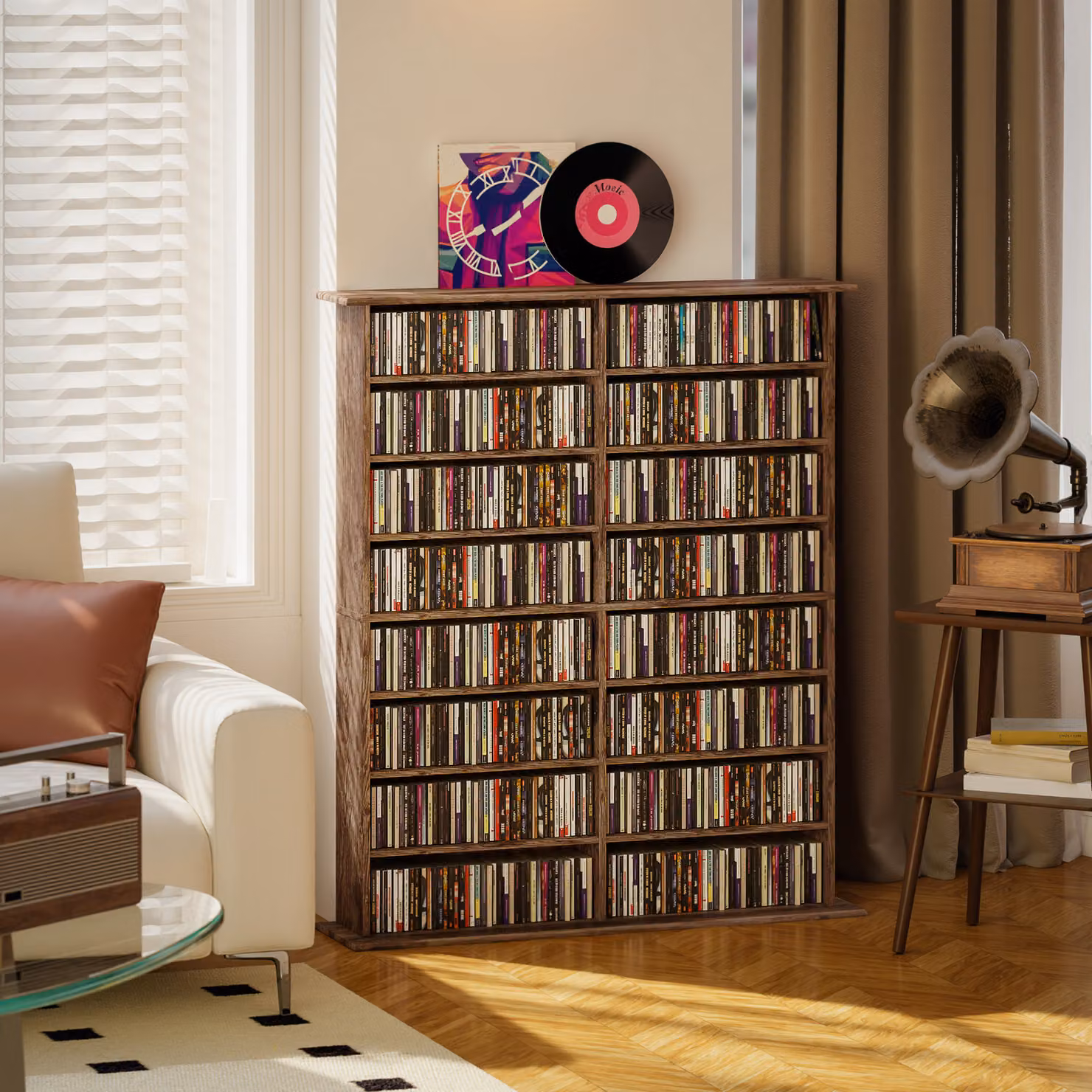 HOMCOM 16-Compartment Media Shelf with Adjustable Shelves in Rustic Brown – 2