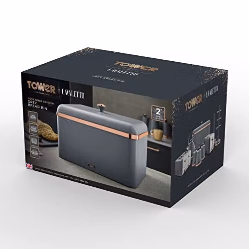 Tower Cavaletto Metal Bread Bin with Loose Lid, Grey and Gold, W: 24.0 cm, D: 17.5 cm, H: 33.0 cm – 7