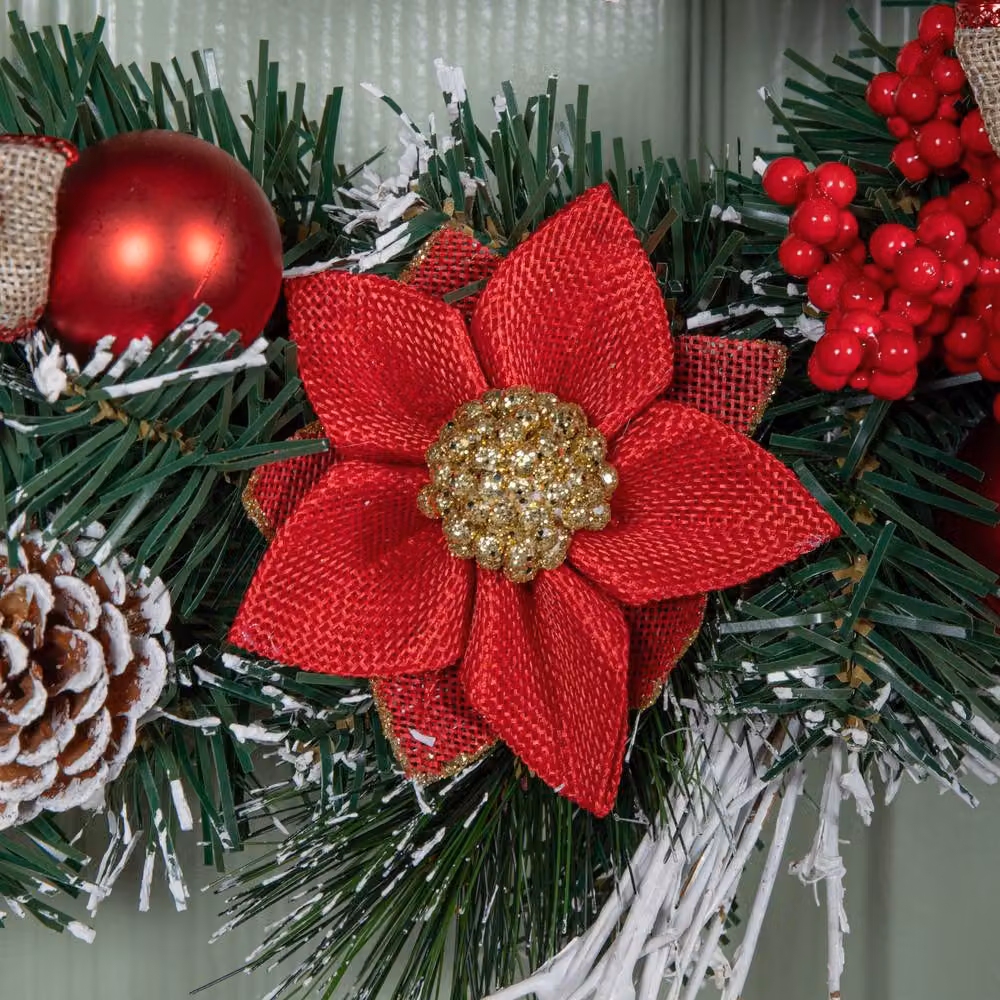 Samuel Alexander 40cm Christmas Wreath with Snow Tipped Branches, Red Berries, Baubles and Bows in Red and Green – 2