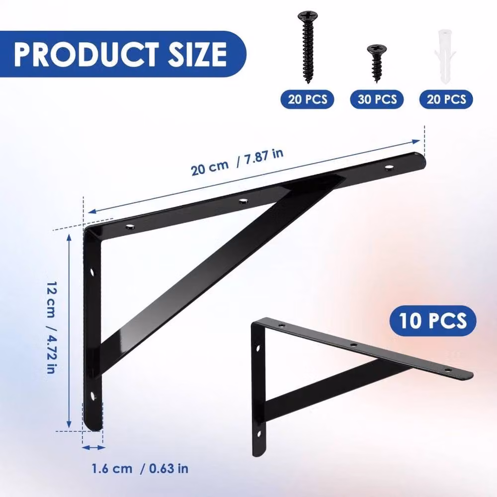 EONLION 10-Pack Black Steel Wall Mounted Angle Shelf Brackets – 2