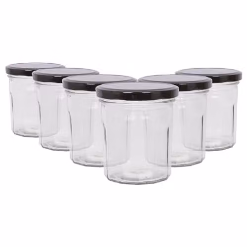 Argon Tableware Glass Jam Jars with Airtight Black Lids, 250ml, Pack of 6 – 1
