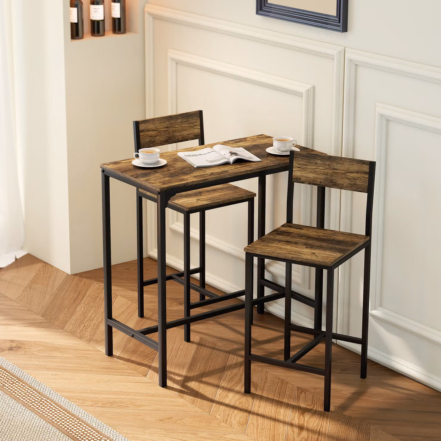 HOMCOM 3-Piece Industrial Bar Table Set with 2 Stools in Brown and Black – 2