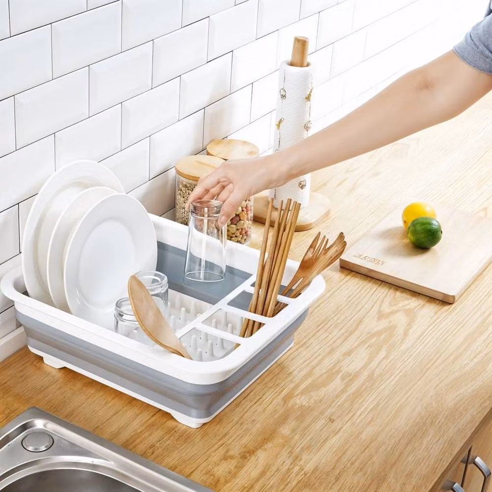 FORGEVIO Large Grey Collapsible Dish Drainer and Folding Draining Rack with Cutlery Holder – 3