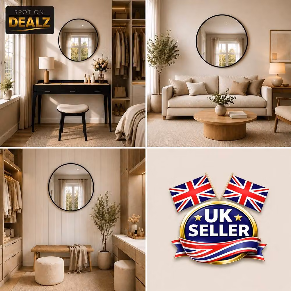 SPOT ON DEALZ Modern Round Black Framed Wall Mirror with LED Light, Diameter: 50 cm – 3