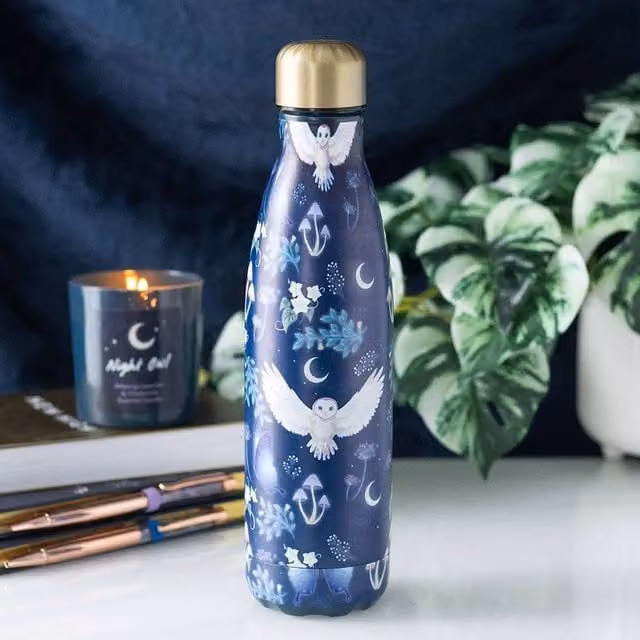 Uniqueful Night Flight Owl Print Metal Water Bottle in Navy and Gold, 500ml