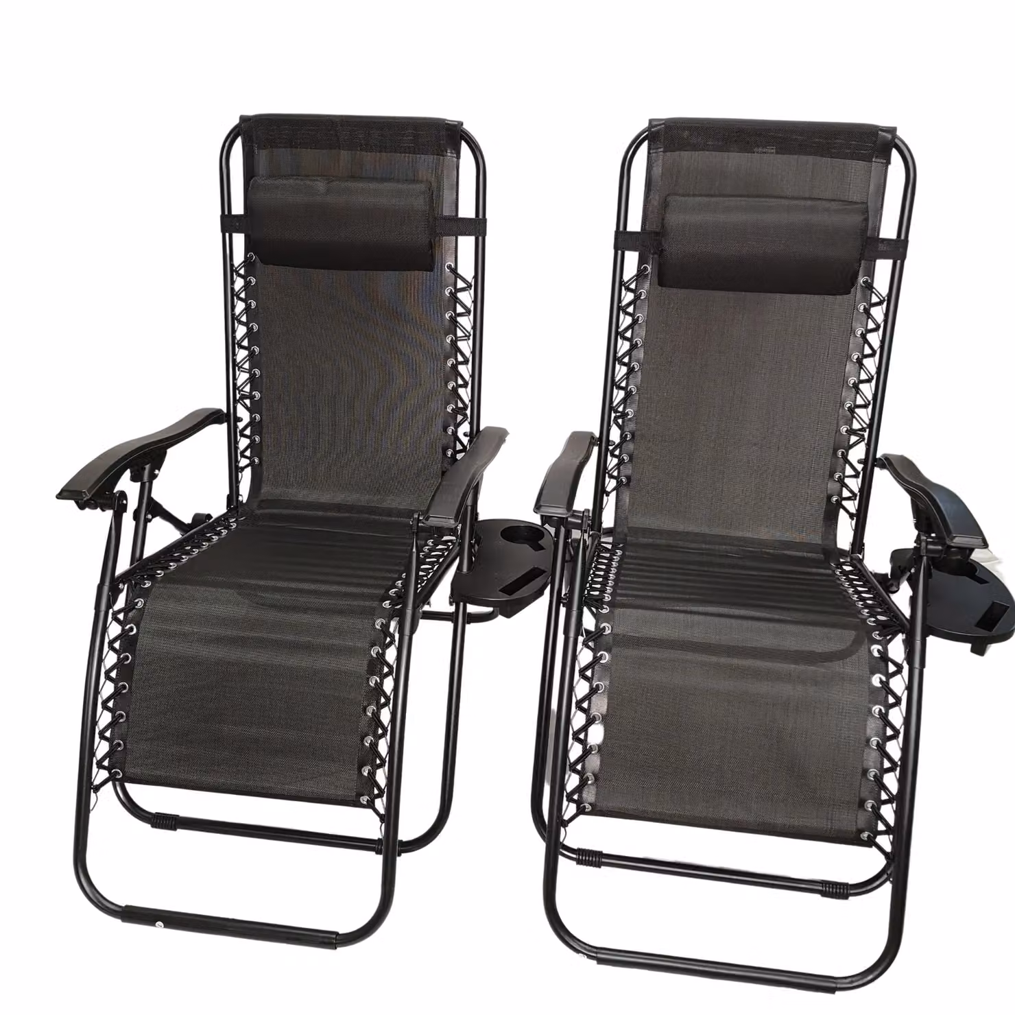 Samuel Alexander Set of 2 Black Textilene Zero Gravity Garden Relaxer Loungers with Adjustable Headrest and Side Tray – 2