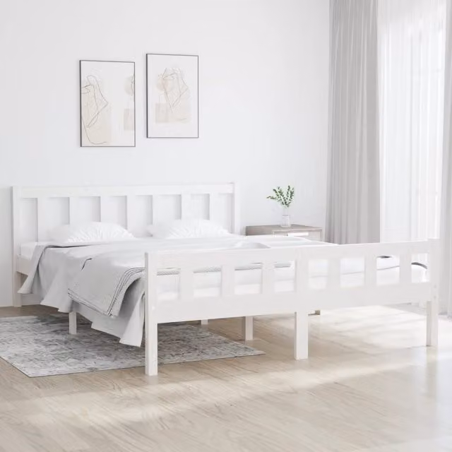 Berkfield Home White Solid Pine Wood King Size Bed Frame W: 150 cm, D: 200 cm