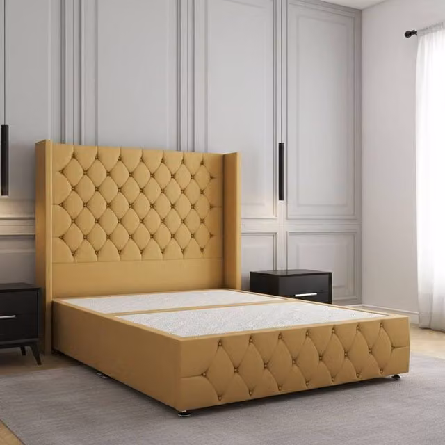 Regional Furnishings Plush Velvet Divan Bed with Headboard and Footboard in Mustard Yellow, Size: Single (90 x 200 cm)