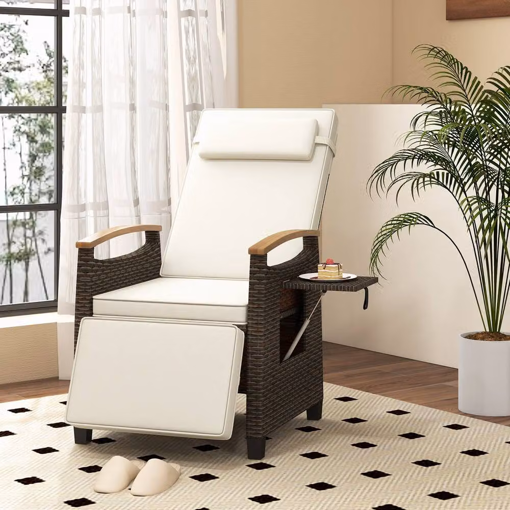 Gymax Brown Polyrattan Outdoor Reclining Lounge Chair with Footrest, Adjustable Headrest and Side Tray – 3