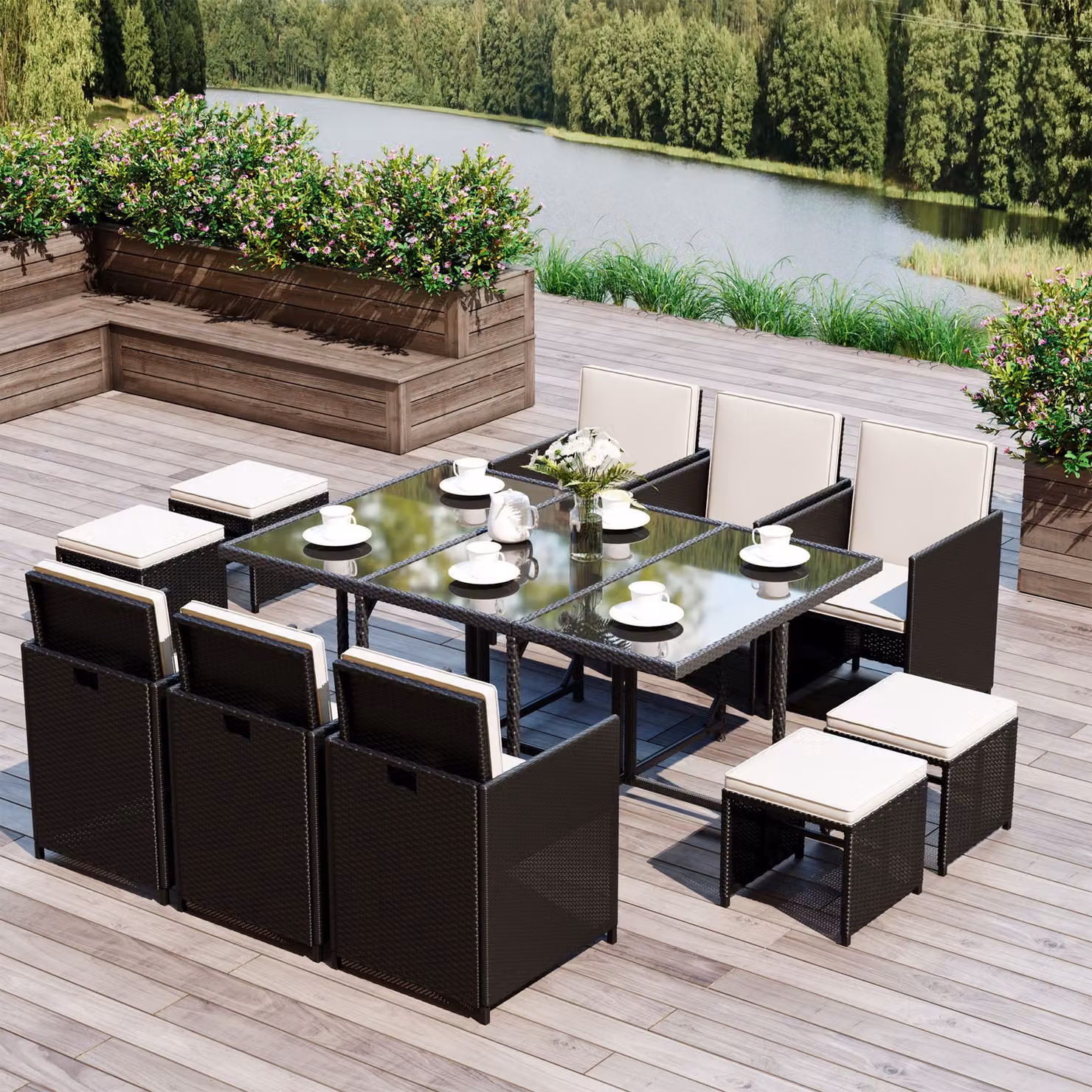 Outsunny 11-Piece Rattan Garden Dining Set with Glass Top Table and Chairs in Black – 2