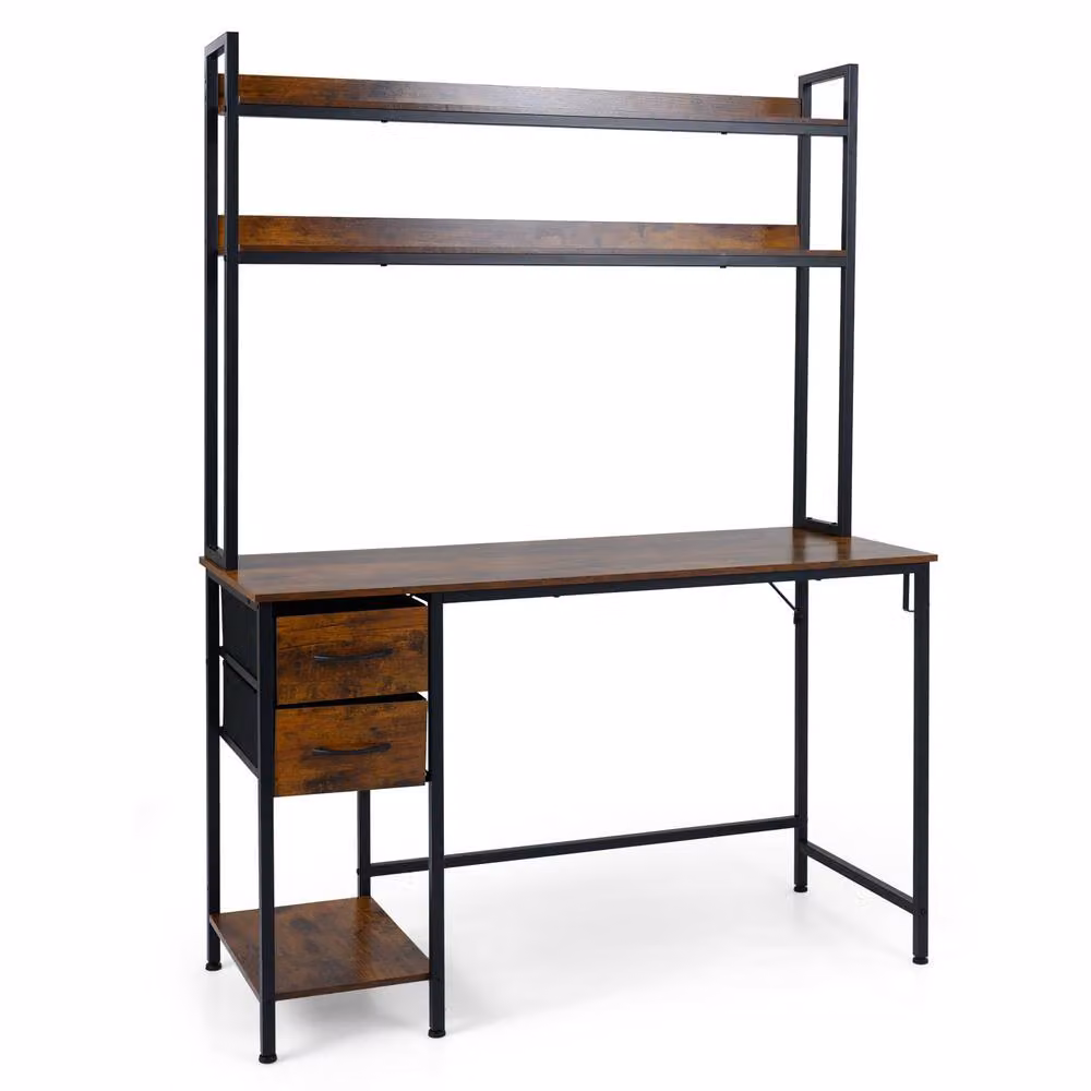 Gymax Industrial Reversible Executive Writing Desk with Hutch and Drawers, Brown – 6