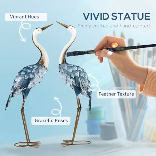 Outsunny Crane Garden Ornaments, 2 Piece Multi-Colour Steel Statue Set – 3
