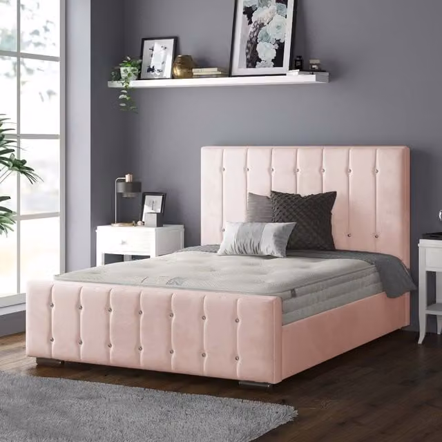 IH Design Anastasia Striped Plush Velvet Upholstered Bed Frame, Pink, W: 140 cm, L: 200 cm