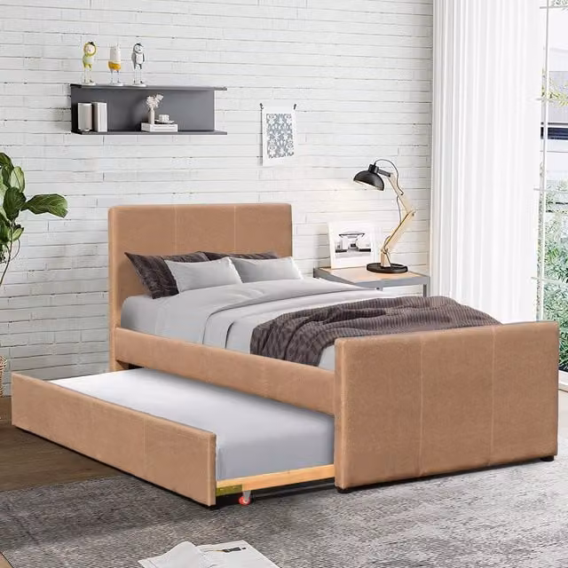 Comfy Living Brown Upholstered Single Fabric Bed Frame with Trundle, W/D/H: 90 x 190 cm