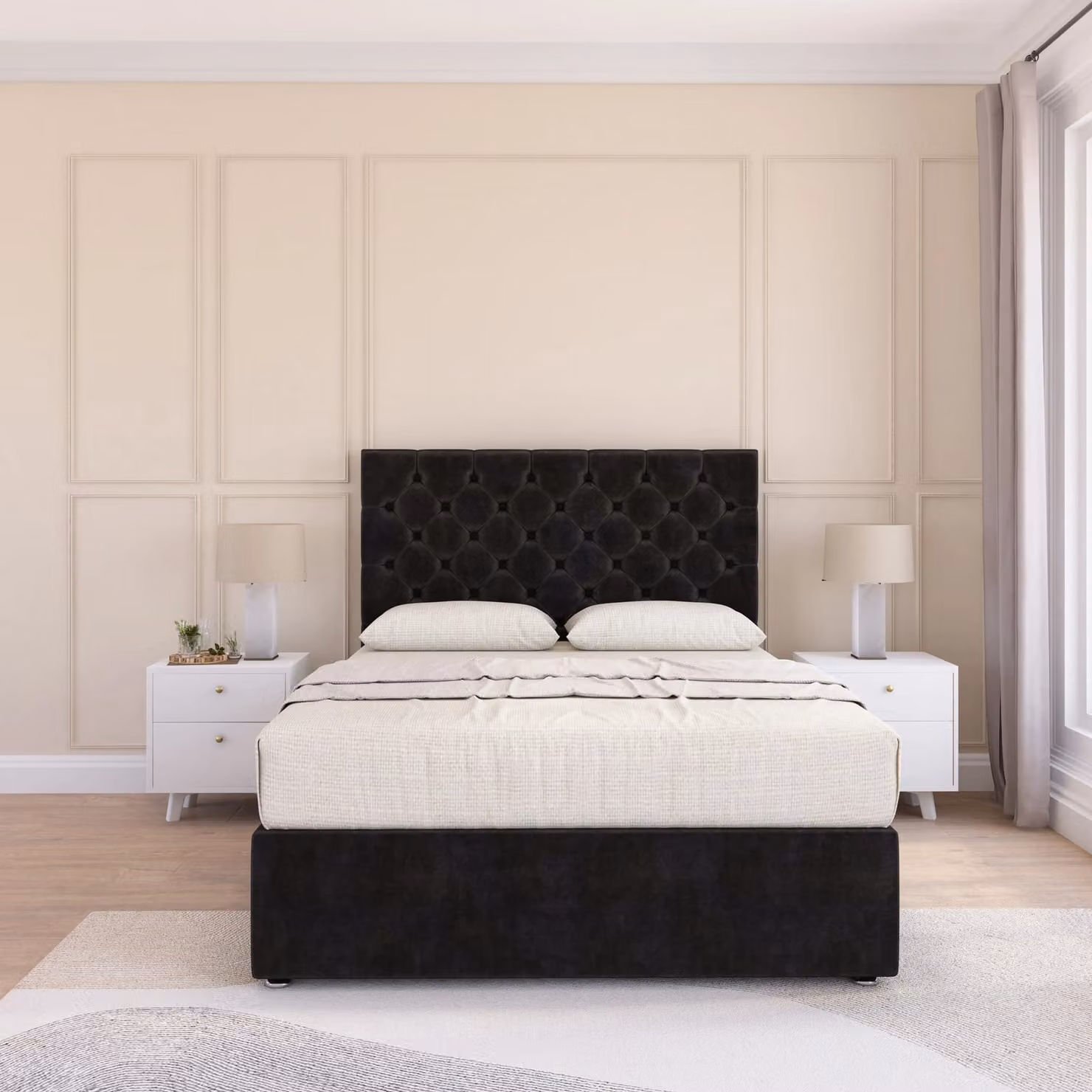 Sloomy Mayfair Super King Divan Bed Base and Floor Standing Chesterfield Headboard in Black Velvet