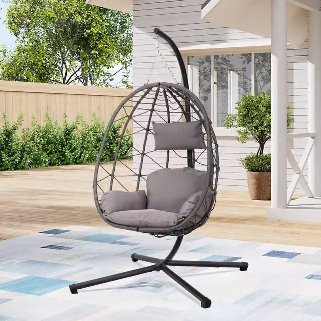 Livingandhome Grey Rattan Folding Garden Hanging Egg Chair with Cushion