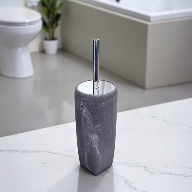 Showerdrape Octavia Grey and White Marble Effect Resin Toilet Brush and Holder with Metal Accents