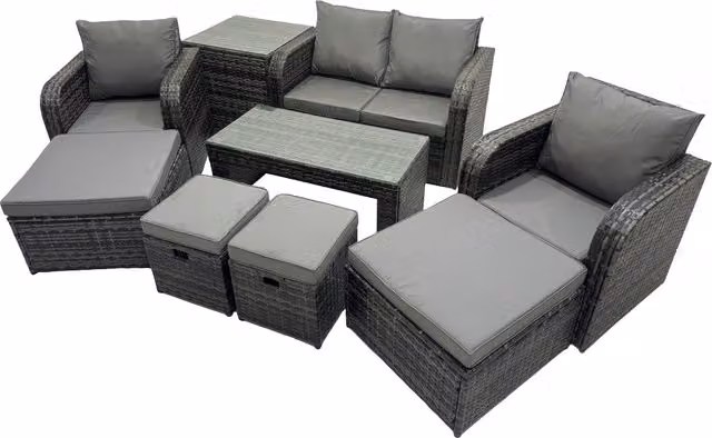Fimous 8-Seat Rattan Garden Set in Dark Grey with 3-Seater Sofa, 2 Recliners and Coffee Table