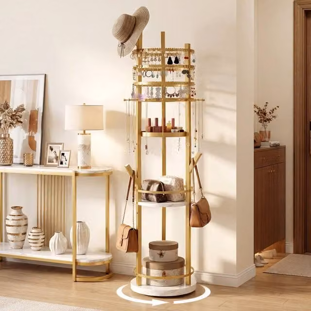 Costway Rotating Gold Metal Jewelry Stand and Display Tower with Earring and Necklace Holder