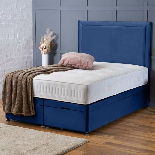 BSSPOKE Ella Ottoman Divan Bed in Blue Plush Velvet with 54 inch Headboard, W/D/H: 140 x 200 cm