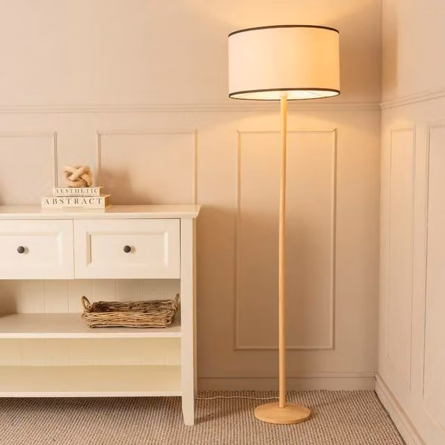 ValueLights Triston Natural Wood Floor Lamp with Black Fabric Drum Shade – 2