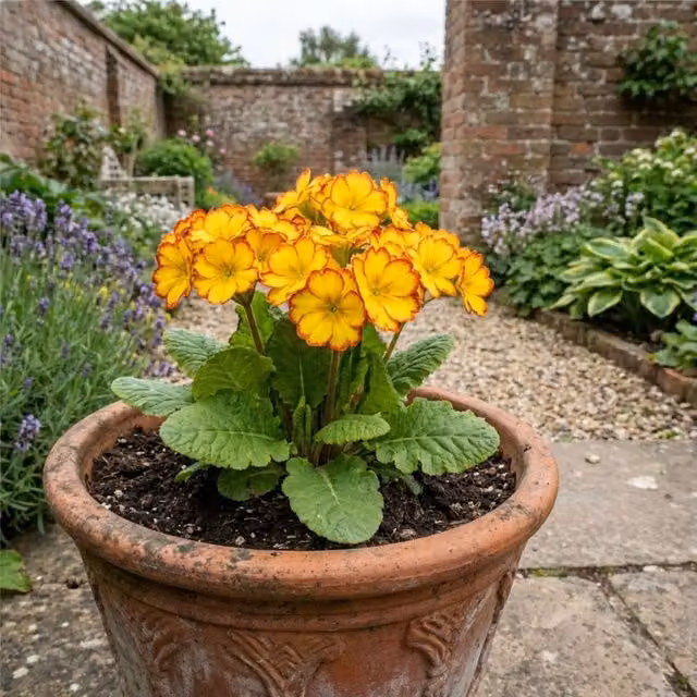 Plants by Post Primula Oakleaf Yellow Picotee Perennial Outdoor Plant, 2L Pot, Yellow, Orange and Red