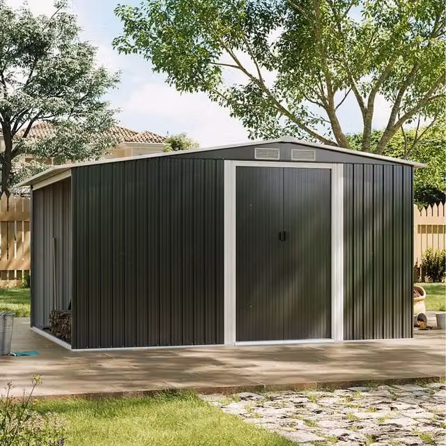 Livingandhome Salt Box Metal Garden Shed with Log Storage and Pent Roof in Black