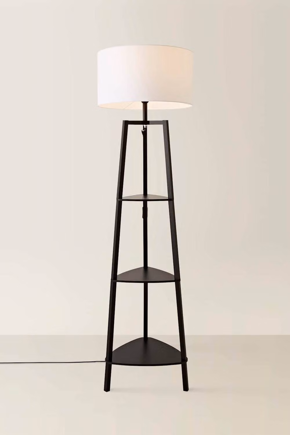 ValueLights Hiru Black 3 Tier Wooden Floor Lamp with White Fabric Cylinder Shade – 2
