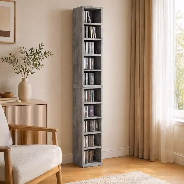 STILVORA Set of 2 Grey CD Storage Units with Adjustable Shelves and Media Compartments
