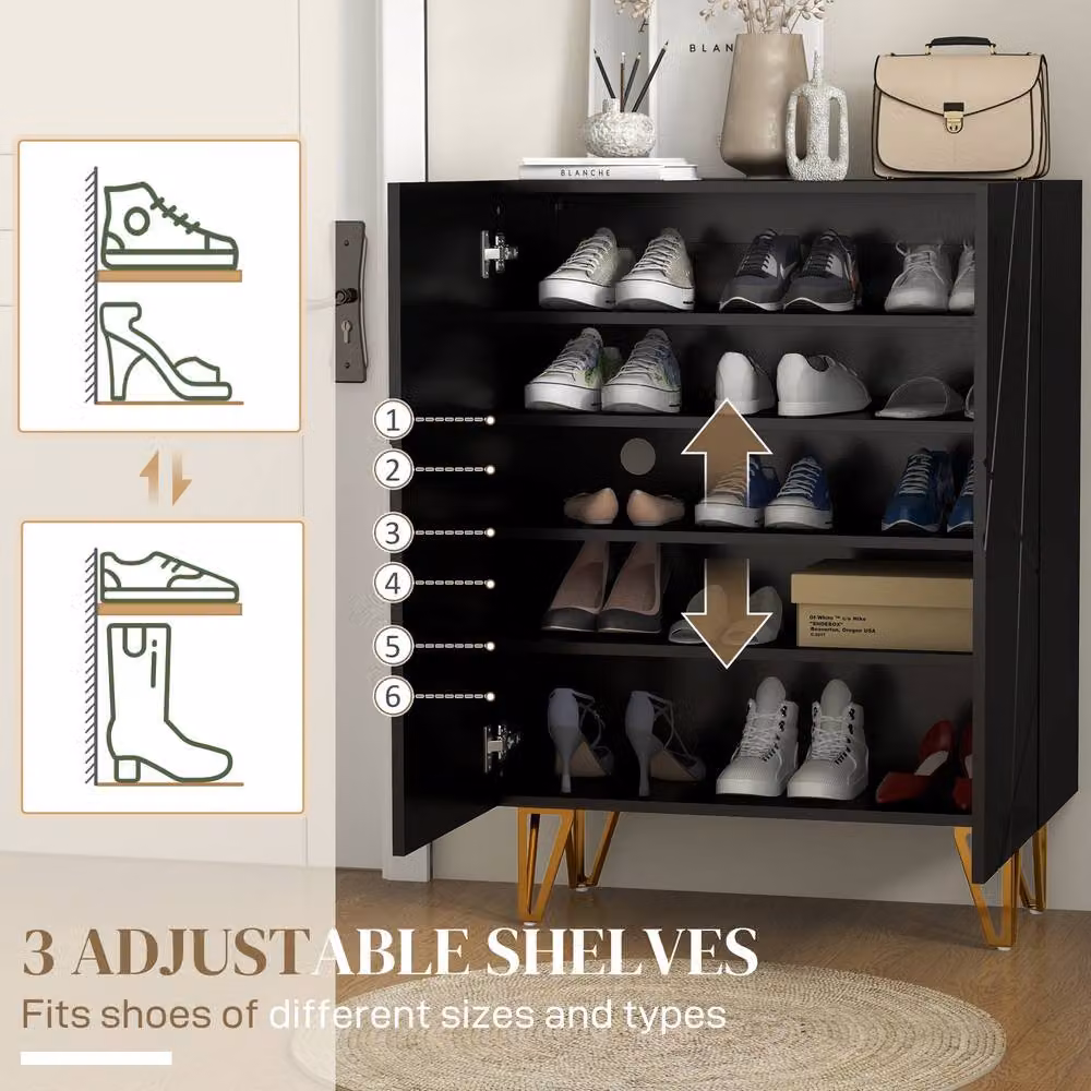 ERGOVEXA Modern Glossy Black Narrow Shoe Cabinet with Soft-Close Hinged Doors and Internal Shelves – 5