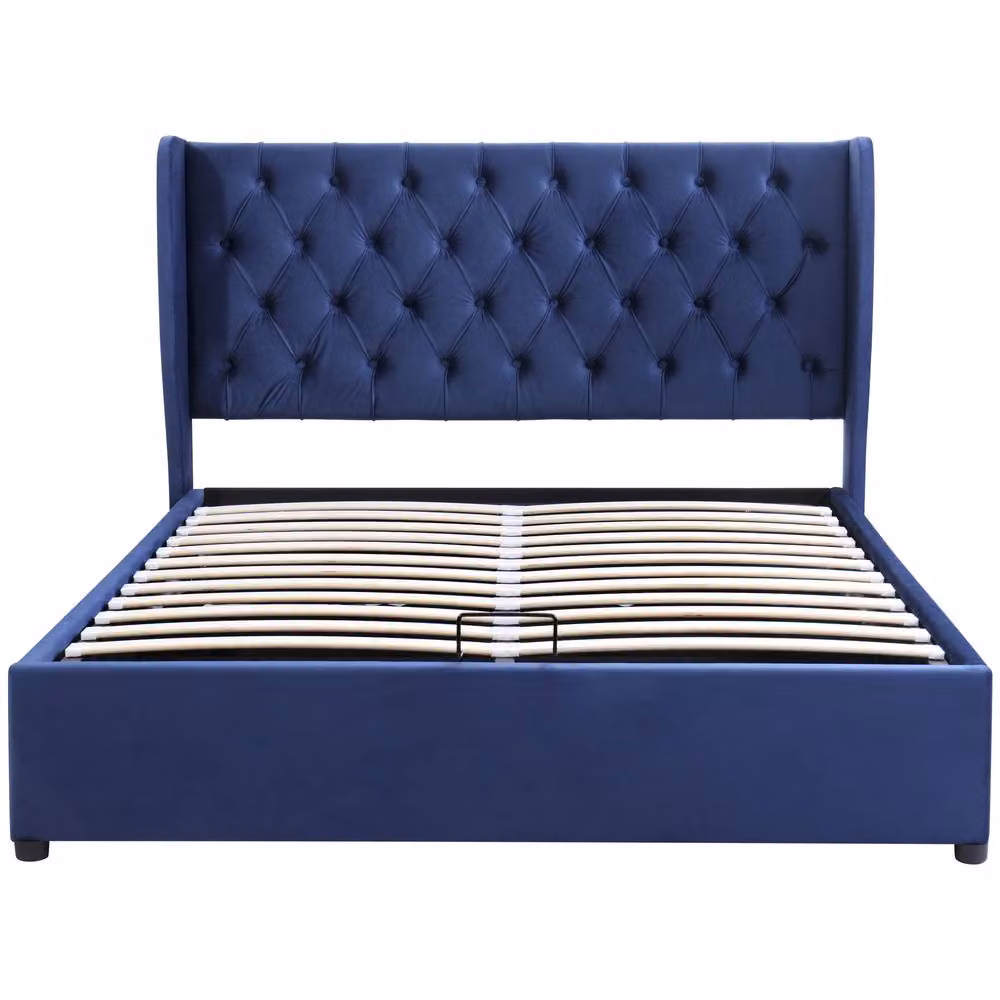 Merax Blue Velvet Upholstered Double Ottoman Storage Bed Frame, W: 135 cm x D: 190 cm – 8