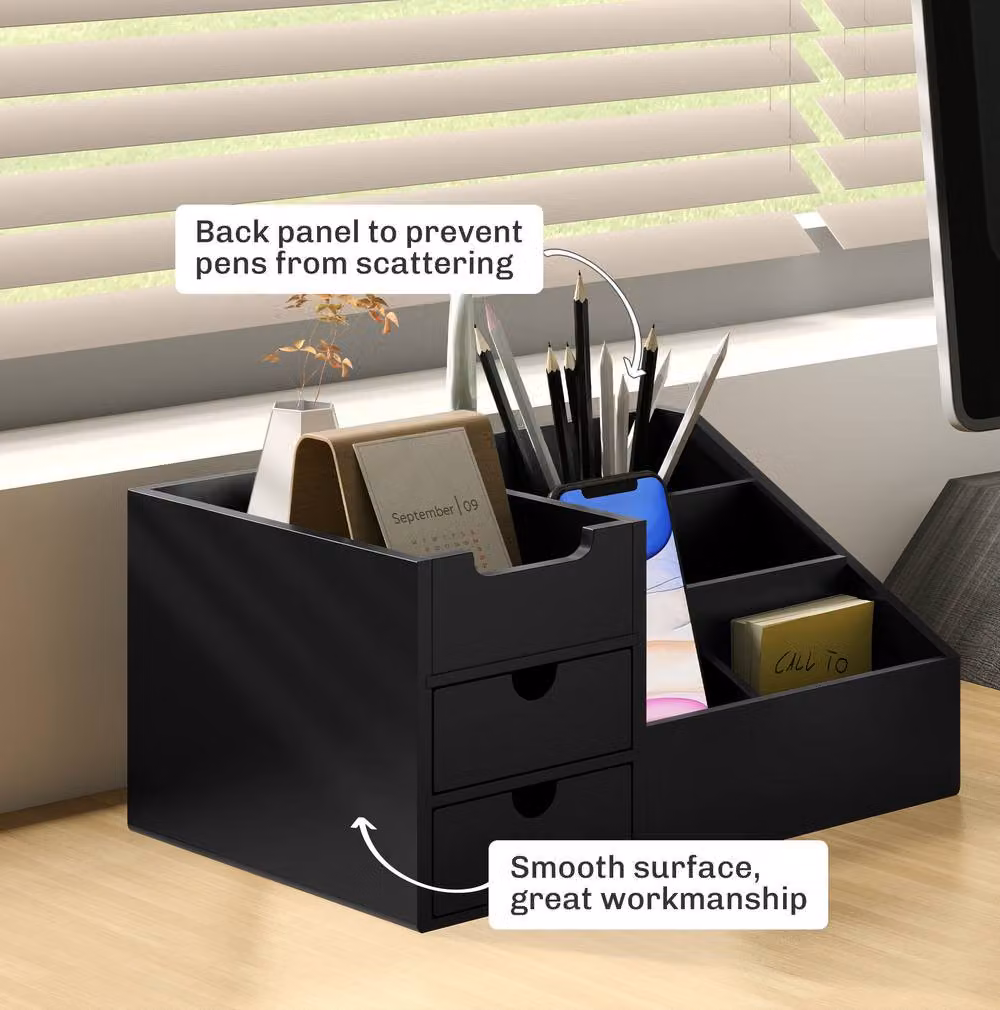 STILVORA Black Bamboo Desk Organiser with 7 Compartments and 2 Drawers – 7