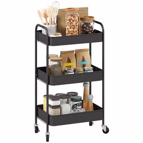 HOMCOM 3-Tier Rolling Utility Storage Trolley with Mesh Baskets, Black, W: 45.0 cm, D: 30.6 cm, H: 79.0 cm – 1